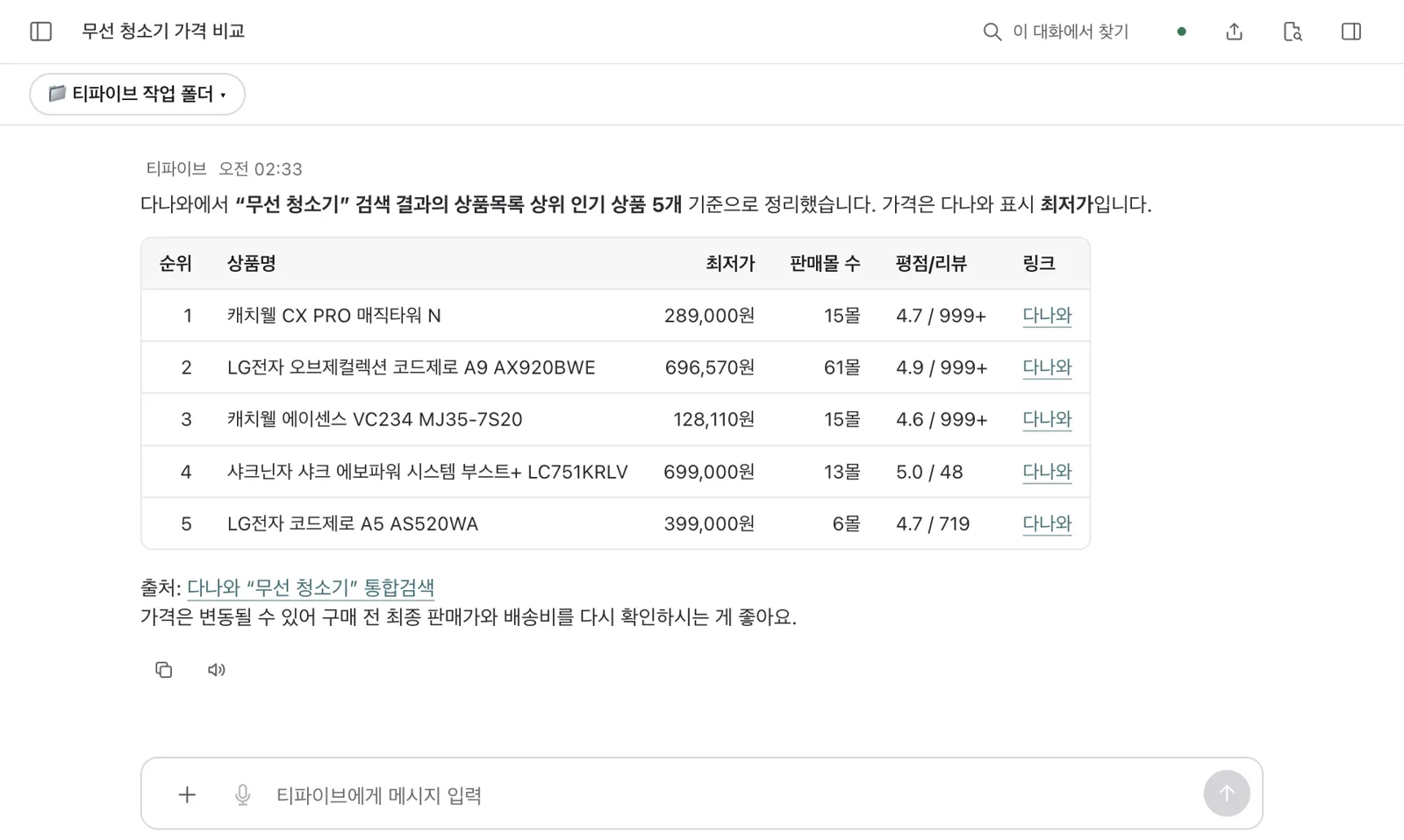 다나와 무선 청소기 인기 상품 5개의 최저가·판매몰 수·평점/리뷰를 정리한 표와 출처.